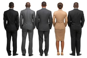 Group of Five Diverse Businesspeople Standing with Their Backs to the Camera. Ideal for representing themes of corporate leadership, teamwork, diversity in the workplace, or professional success 