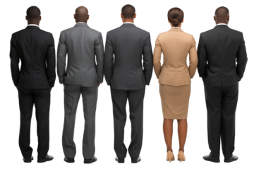 Group of Five Diverse Businesspeople Standing with Their Backs to the Camera. Ideal for representing themes of corporate leadership, teamwork, diversity in the workplace, or professional success 