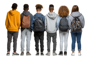 Diverse Group of Teenagers with Backpacks, Standing with Their Backs to the Camera. Ideal for illustrating themes of youth, diversity, education, friendship, or school life in school advertisements
