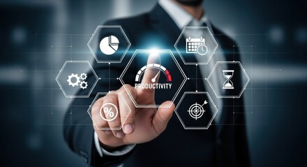 Businessman interacting with a futuristic digital dashboard displaying business analytics and performance indicators