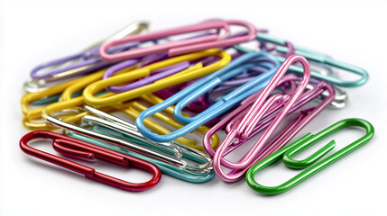 Close-up view of assorted paper clips in vivid hues, offering a clean and organized visual ideal for productivity or workspace-related content.

