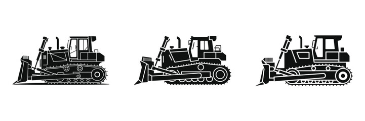 Naklejka premium Set of Bulldozer Silhouette Vector Illustrations – Heavy Construction Equipment, Industrial Machinery, Earthmoving Vehicles, Isolated on White Background