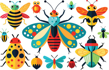 A vibrant collection of colorful and whimsical cartoon insects including bees butterflies moths ladybugs and beetles presented in a playful and cheerful arrangement on a white background