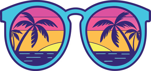 Vibrant retro style sunglasses reflecting a colorful tropical sunset with silhouetted palm trees and calm ocean water creating a nostalgic summer vacation vibe © LailaArtworks