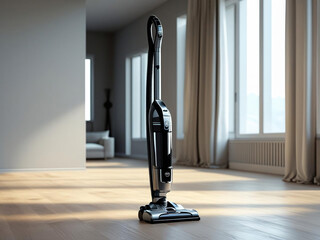 Realistic depiction of a sleek vacuum cleaner in a modern living room illuminated by natural light showcasing clean design and stylish decor