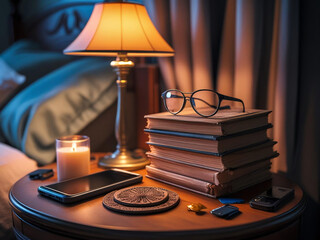 Cluttered nightstand with lamp, books, and glasses creating a cozy atmosphere in a warmly lit bedroom at night
