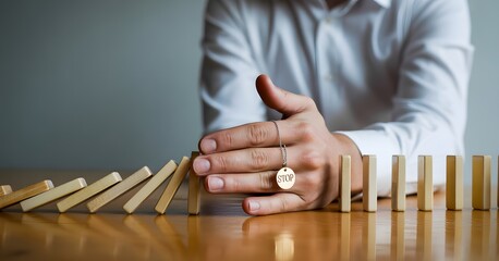 Strategic Interruption: A focused individual's hand intercepts a sequence of falling wooden blocks, metaphorically halting a chain reaction and illustrating control and stability.