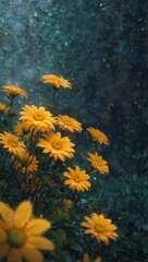Ultra-realistic macro photograph of vibrant yellow daisies in the rain, close-up focus on petals glistening with water droplets. The scene is set in a peaceful urban garden during a heavy downpour.
