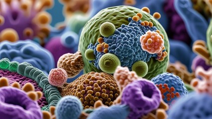 A detailed close-up microscopic image of vibrant, colorful microorganisms, showcasing intricate cellular structures and textures, illuminated with bright, 