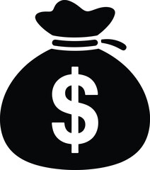 Simple black silhouette of a money bag with a white dollar sign representing wealth and financial success