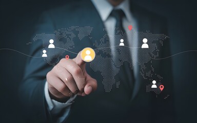 Global Networking: A businessperson interacts with a world map, person icons symbolize global networking, the image is conceptual of business development.