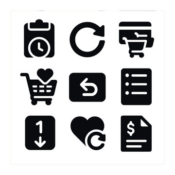 Mobile Reorder Icons Grid. Solid, filled icons set of mobile re-order options: order history, repeat icon,