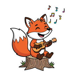 Cute Cartoon Fox Playing Guitar and Singing on Tree Stump Adorable Animal Character Illustration for Kids and Music Designs