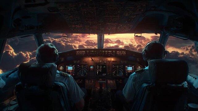 Pilots navigate through clouds at sunset over the horizon from the cockpit of a commercial aircraft