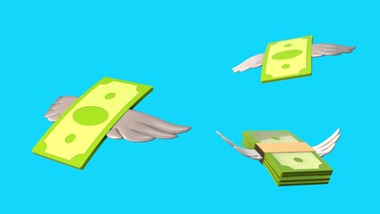 Flying money with wings. 3D looped animation on blue background.