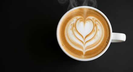 Steaming Hot Latte Coffee with Heart Latte Art on Black Background, Top View