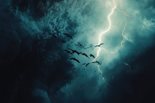 A flock of birds silhouetted against a stormy sky, illuminated by a dramatic lightning strike.