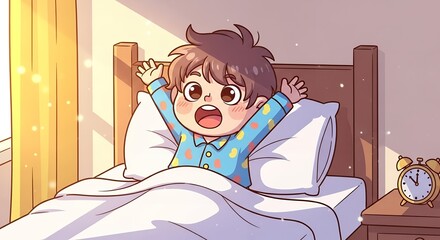 Happy Cartoon Boy Waking Up and Stretching in Bed