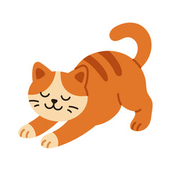 Vector red cat stretching on floor. Cute cat lying down and stretching in flat design. Funny kitten illustration.