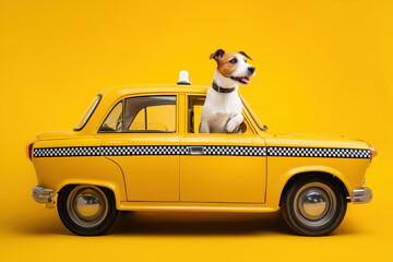 Dog sitting in yellow taxi with happy expression, pet taxi.