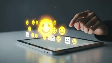 Hand interacting with digital emoji feedback on tablet screen - Powered by Adobe