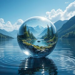 Blue Mountain and Forest Landscape Reflected in a Crystal Sphere Floating on Calm Lake Water