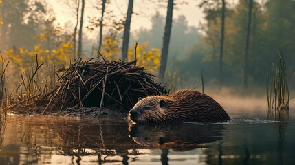 Beaver swimming near its lodge in calm water at sunrise  
