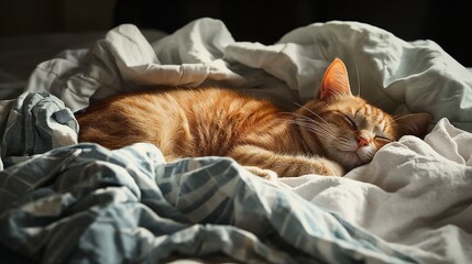 Orange cat sleeping peacefully on crumpled bed sheets  