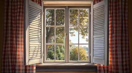 Cozy window with open shutters overlooking autumn trees outside  