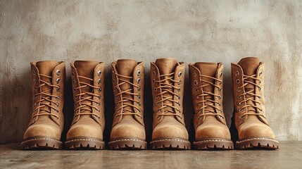 Six pairs of brown leather boots lined up on textured background  