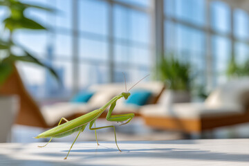 Green praying mantis on a table at a resort spa.