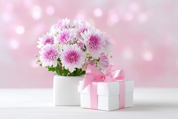 Beautiful pink flowers in a white vase beside a gift box with a pink ribbon on a soft background