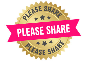 please share. please share round pink and gold label isolated on transparent background
