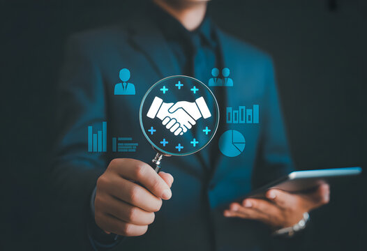 Partnership through magnifying glass: A meticulously dressed professional, employing a magnifying glass to scrutinize a virtual handshake symbol, symbolizing the essence of collaborative endeavors.