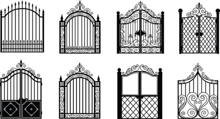 Wrought iron gate collection, decorative metal fence designs, CAD vector drawing, elegant entrance styles, architectural artwork, ornamental scrollwork, security features, illustration