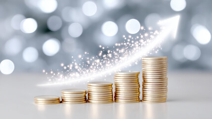 Stacked coins with upward arrow and sparkling effects representing financial growth and success