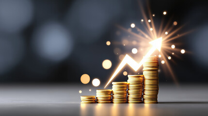 Stacked gold coins with upward arrow symbolizing financial growth and investment success