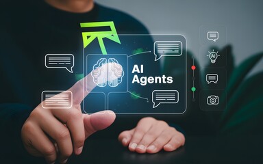 Navigating AI Agents: An individual interacts with a digital interface representing AI agents, with a focus on advanced technologies and artificial intelligence concepts.