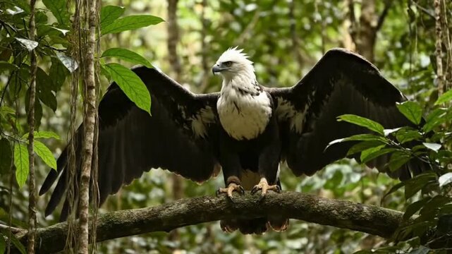Philippine Eagle Spreading Wings on Branch in Lush Rainforest Canopy Video