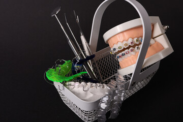 Dentist with Orthodontic tooth model and bracket or brace. Clean and Scrape off tartar. May Orthodontic Health Day, March Oral health, Dentist Day, False Teeth. Toothache and Children Dental Health