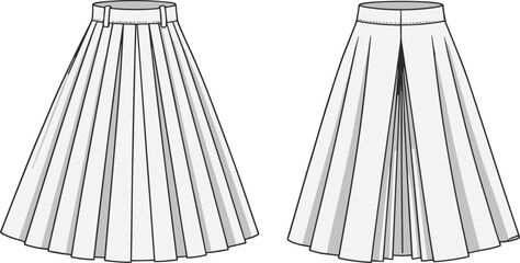  Elegant Pleated Skirt Front and Back Views CAD Drawing, Flat Vector Illustration, Fashion Apparel Template, Women's Style Mockup