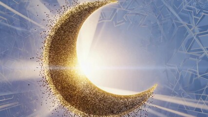 A shimmering crescent moon surrounded by sparkling particles against a soft blue background - Powered by Adobe