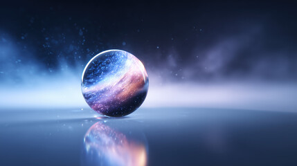Cosmic sphere with vibrant galaxy reflection on smooth surface in ethereal atmosphere