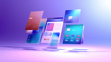 Futuristic digital interface mock up with floating screens showcasing vibrant design elements