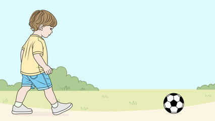 Illustration of a young boy walking toward a soccer ball in a park. Outdoor activity for kids. Soft pastel colors, 16:9 aspect ratio, with copy space for text or design elements.