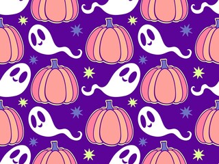 Autumn harvest vegetable seamless monster Halloween pumpkins pattern for wrapping paper and fabrics
