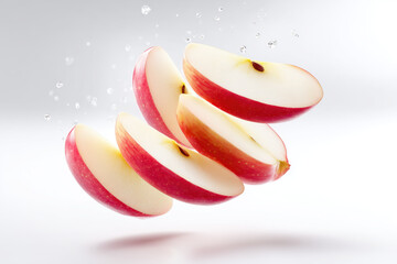 Sliced red apples floating in mid-air with water droplets creating a refreshing atmosphere