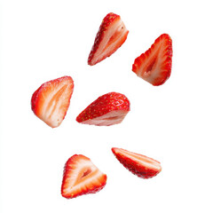 Fresh strawberry slices arranged artistically on a clean white background for culinary presentation