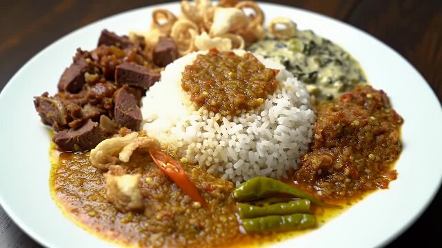 Footage Flavorful platter of traditional Indonesian Nasi Padang, featuring steamed rice, rich beef rendang, spicy sambal, and assorted side dishes.