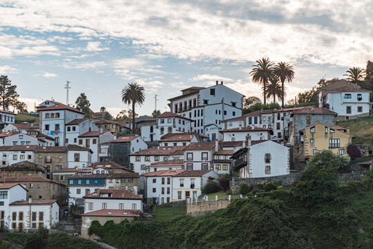 Panoramic view of the seaside village of Lastres in Asturias, northern Spain